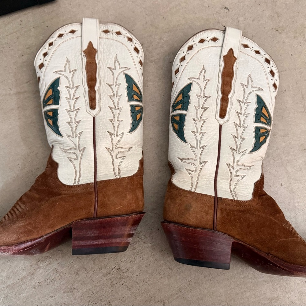Vintage Lucchase Classics Butterfly inlay Western Boots Snip Toe Brown Suede 7A - Picture 4 of 6
